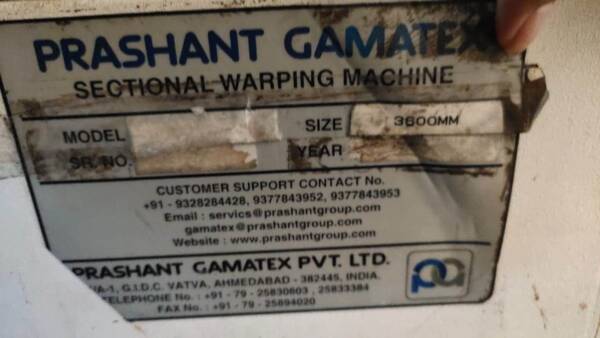 360cms PRASHANT GAMATEX SUPERTRONIC SECTIONAL WARPING MACHINE - Image 10